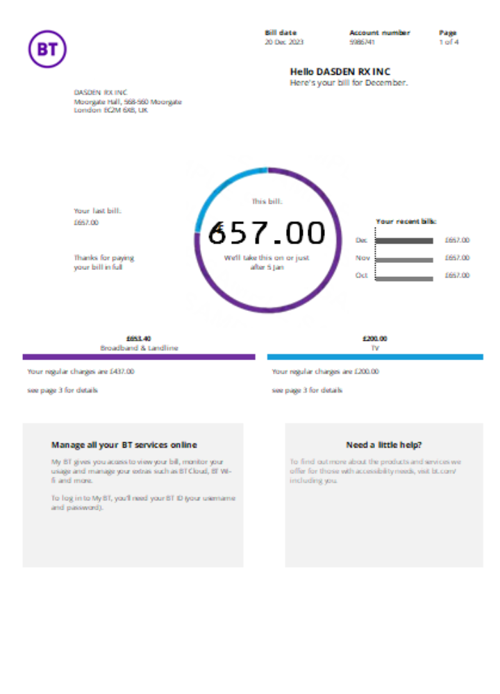 Download BT telecommunications utility business bill,  SCR Photoshop template